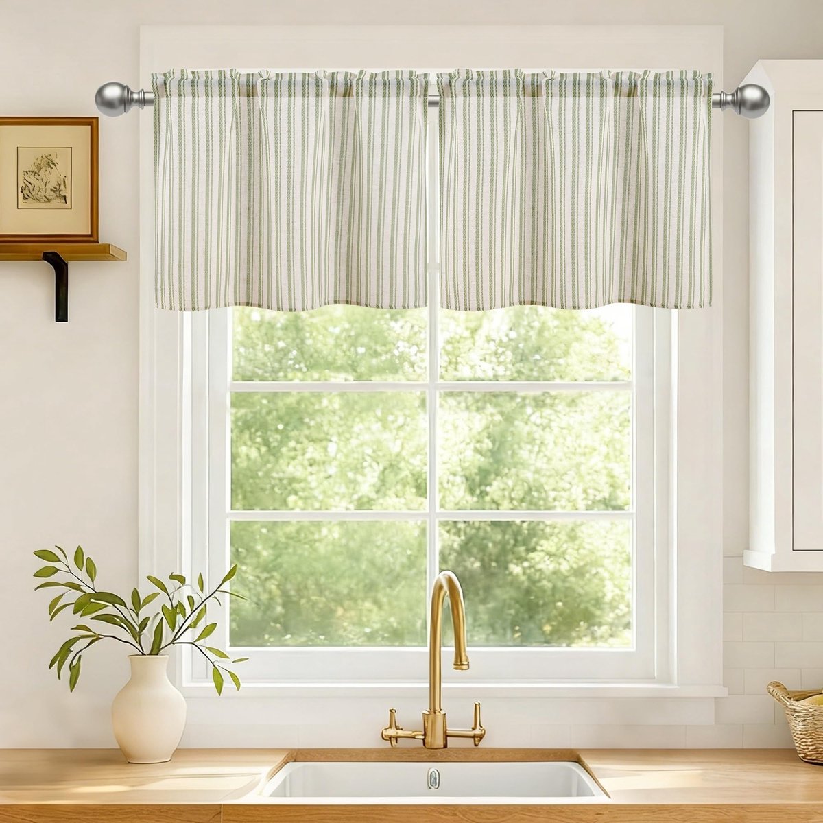 Gestreept, groen, kort, vitrage, keuken, linnenlook, gordijnen, 45 x 60 cm, set van 2, moderne gordijnen, semi-transparant, landelijke stijl, voor bistrogordijnen, caravans, kastgordijn, balkon