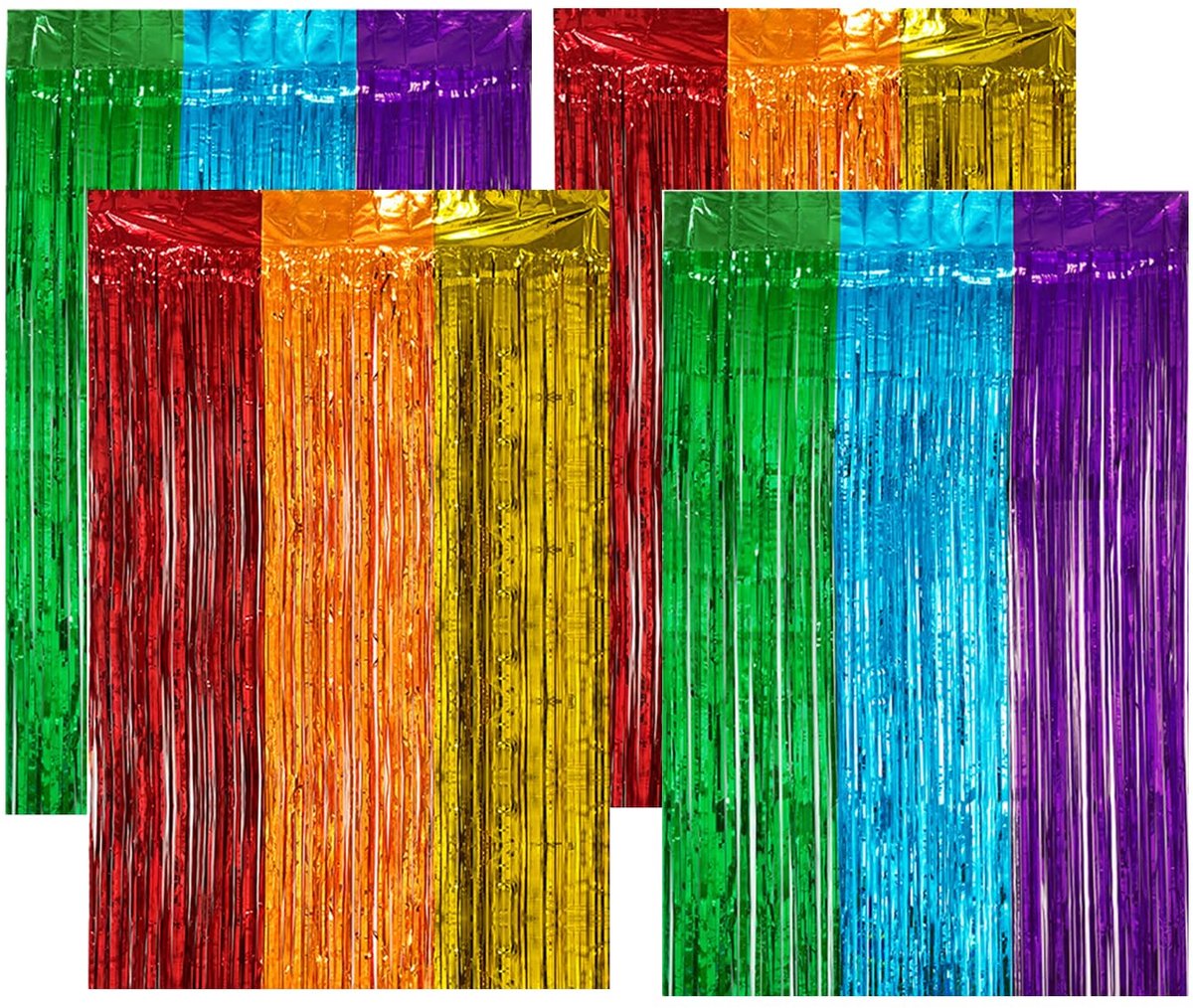 Gordijnen, plat design regenzijden gordijnen, decoratieve kwastgordijnen, regenboogkleurige achtergrondwand, geschikt voor verjaardag, bruiloft, feest, regenboogdecoratie