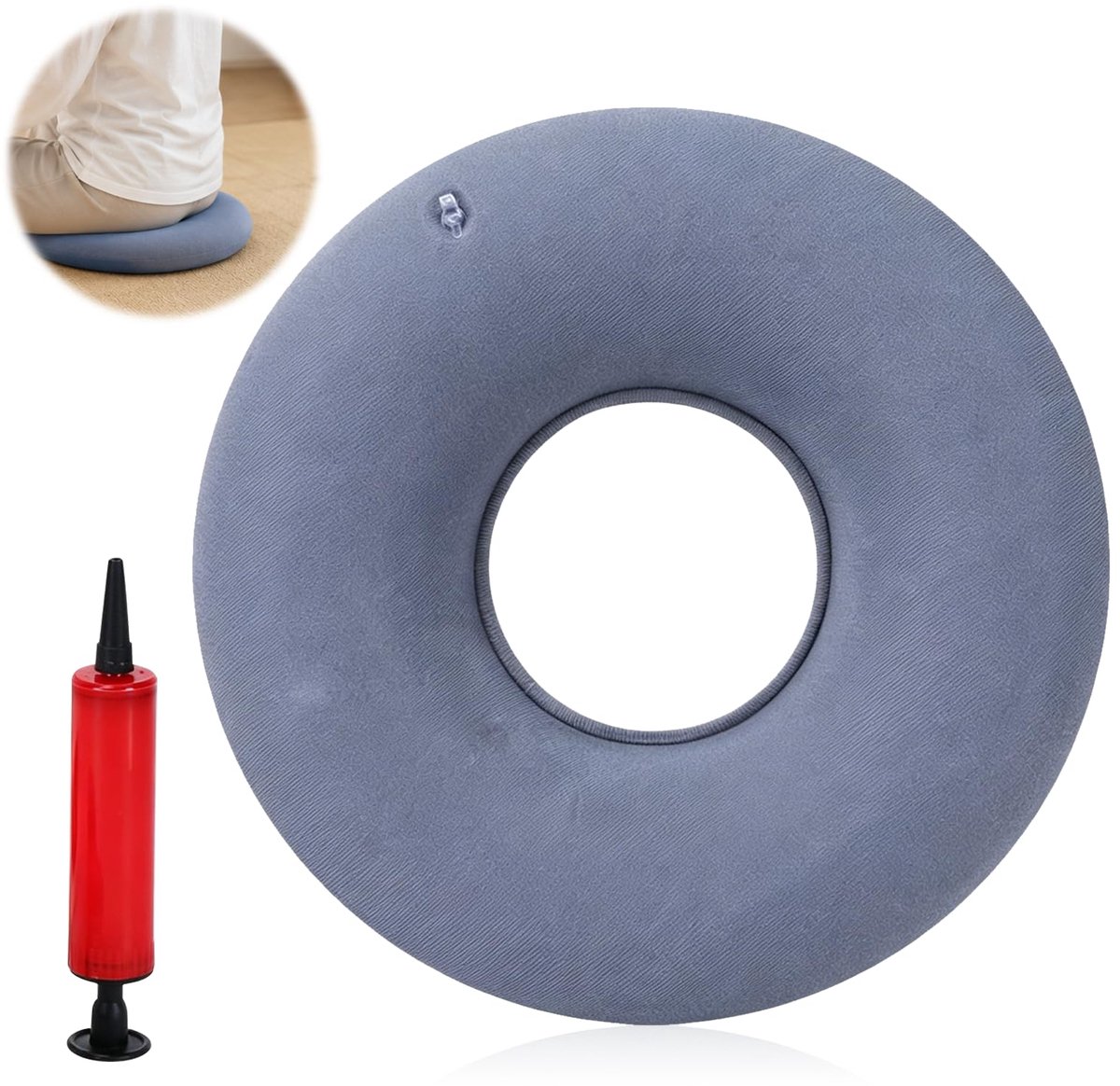 Zitkussen, zitring, stuitbeentverlichting met gat, zitring na de operatie, opblaasbaar ontlastingskussen, donutkussen met pomp voor bedwonden, rolstoelen, bureaustoel, aambeienkussen (grijs)