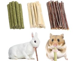 200 g konijnenkauwspeelgoed, 3 soorten, natuurlijk timothy-hooi voor konijnen, appel-kaneel kauwstokjes, voor konijnen, hamsters, chinchilla's, cavia's, gerbils