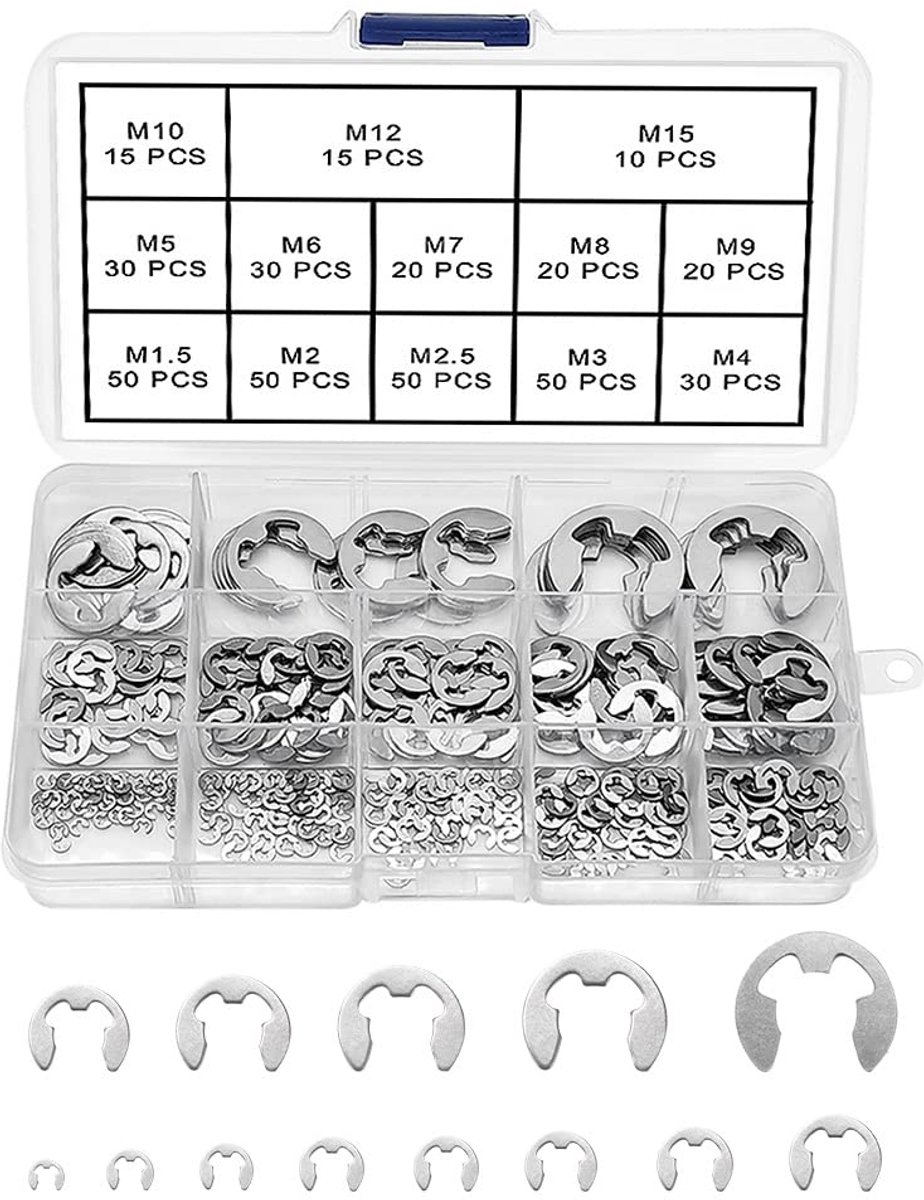 390 Stuks RVS E-Clip Set, Borgveer Ring Borgring Kit, Externe Borgring, 13 Maten M1.5/2/2.5/3/4/5/6/7/8/9/10/12/15 met plastic doos