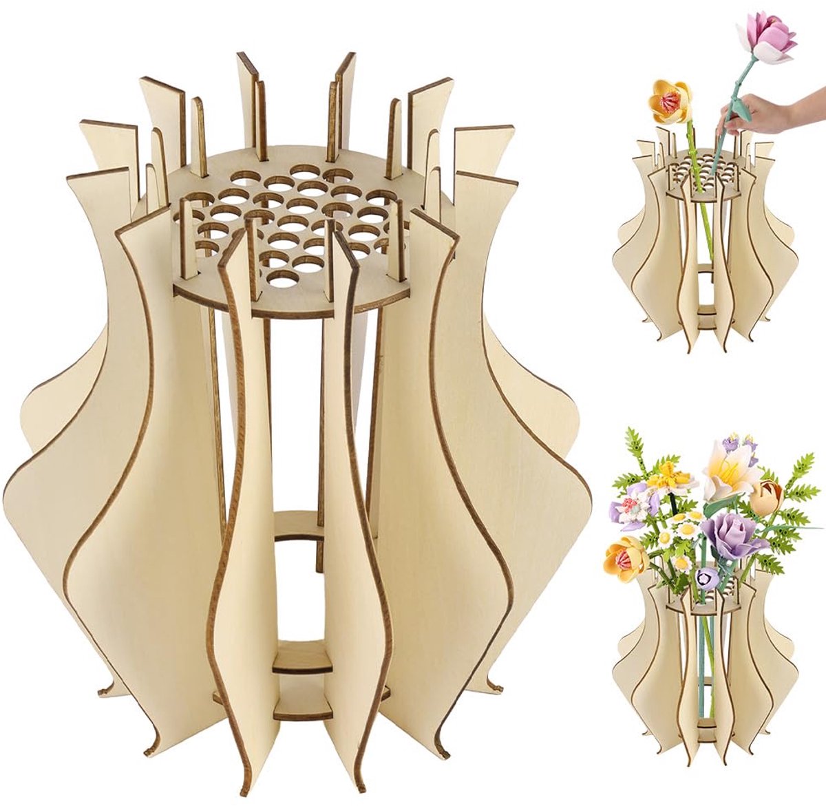 Vaas compatibel met Lego-boeket, houten vaas voor bloemen, puzzel, 3D-display, standaard compatibel met Lego-bloemen, rozenbloem, zonnebloem, tulpen, narcissen (stijl 3)