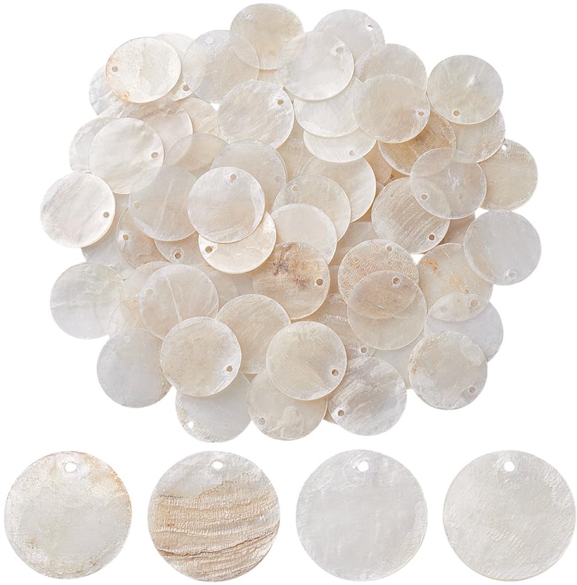 120 stuks platte ronde schelp bedels 20-20,5 mm witte capiz schelp schijven bedels natuurlijke parelmoer zeeschelpen charme voor oorbel ketting sieraden maken, gat: 1,4 mm