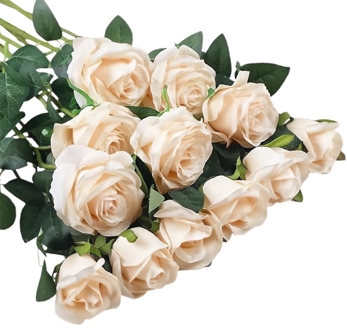12 bundels kunstmatige rode rozen, 51 cm langgesteelde kunstrozen, kunstmatige zijden bloemen, kunstbloemen zoals echt, neprozen voor thuis, tuin en bruiloft decoratie (lichte champagne)