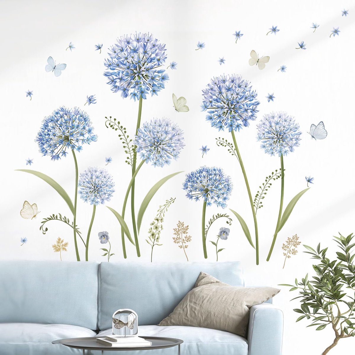 decalmile Blauwe Paardebloem Bloem Muurstickers Bloeiende bloemen Vlinder Muurtattoo Slaapkamer Woonkamer TV Achtergrond Wanddecoratie
