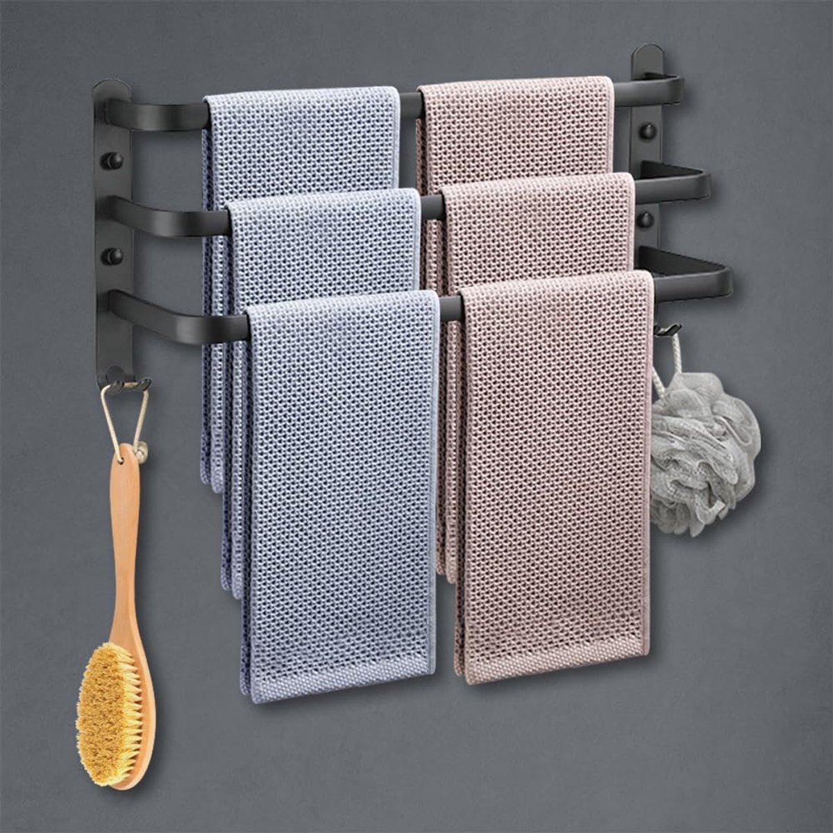 Handdoekrails Wandgemonteerde 3-laags handdoekenrek met haken Ruimte Aluminium handdoekenrek Badkamer Handdoekhouder Geen vervagen Handdoekplanken voor Keuken Badkamer Toilet Hotel Kantoor (zwart, 50CM)