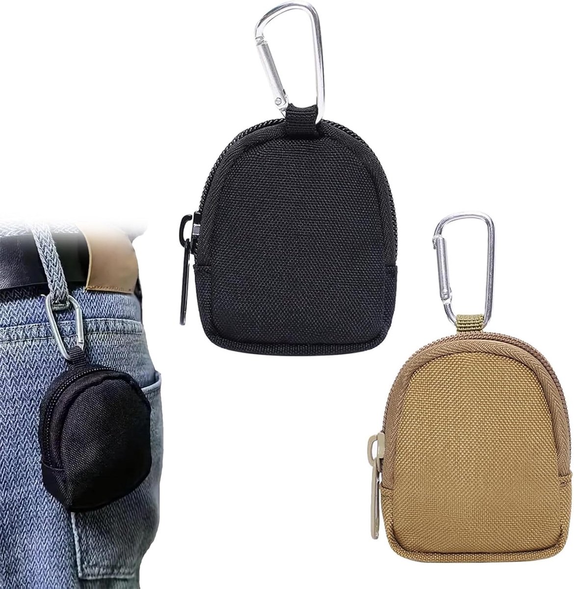 portemonnee met rits, 2 stuks in zwart en kaki, 9 x 7 x 2,5 cm / 3,54 x 2,76 x 0,98 inch, canvas muntzakje met karabijnclip voor sleutels, kleingeld, oordopjes en kleine accessoires