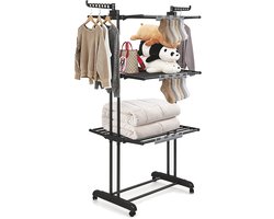 PIPIPOXER- Wasrek Inklapbaar-Droogrek-Staand Droogrek Inklapbaar-Met 3 sokkenclips-Wastoren-Ruimtebesparend Wasrek -75x49x170 CM-Ecologisch Was Drogen-Zwart