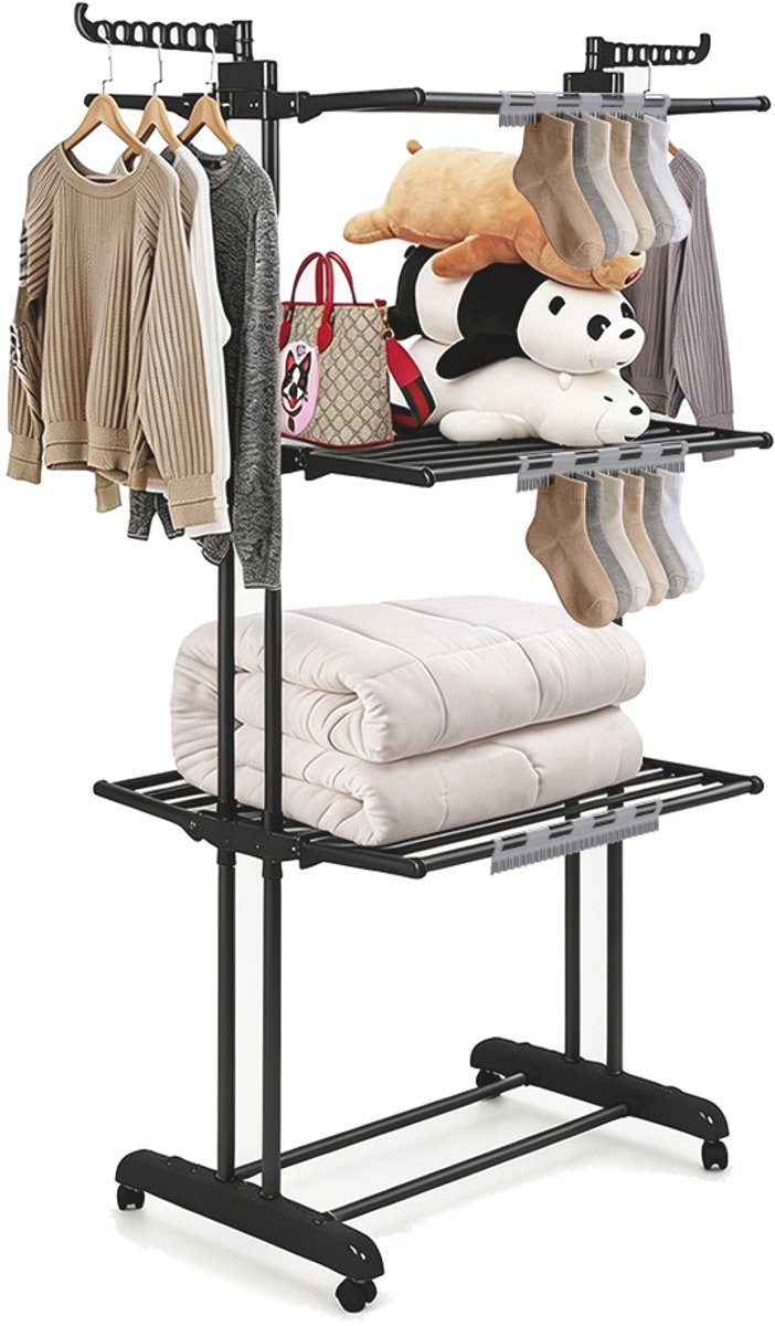 PIPIPOXER- Wasrek Inklapbaar-Droogrek-Staand Droogrek Inklapbaar-Met 3 sokkenclips-Wastoren-Ruimtebesparend Wasrek -75x49x170 CM-Ecologisch Was Drogen-Zwart