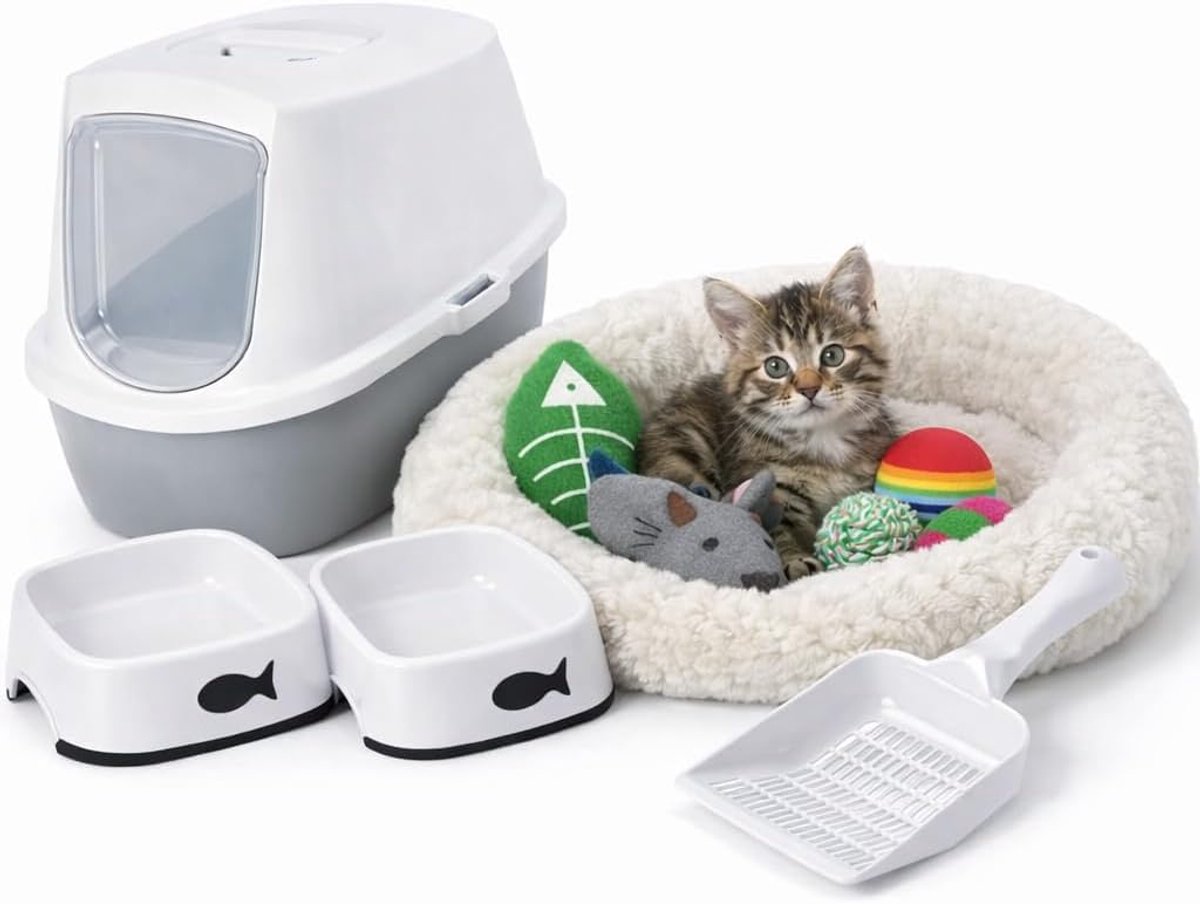 Katten Starter Kit (6-delig) Kattenbak, schep, kattenbed, Voerbakken & Speelgoed Alles in 1 Pakket voor Nieuwe Katten Katten Starter Kit (6-delig) Kattenbak, schep, kattenbed, Voerbakken & Speelgoed Alles in 1 Pakket voor Nieuwe Katten