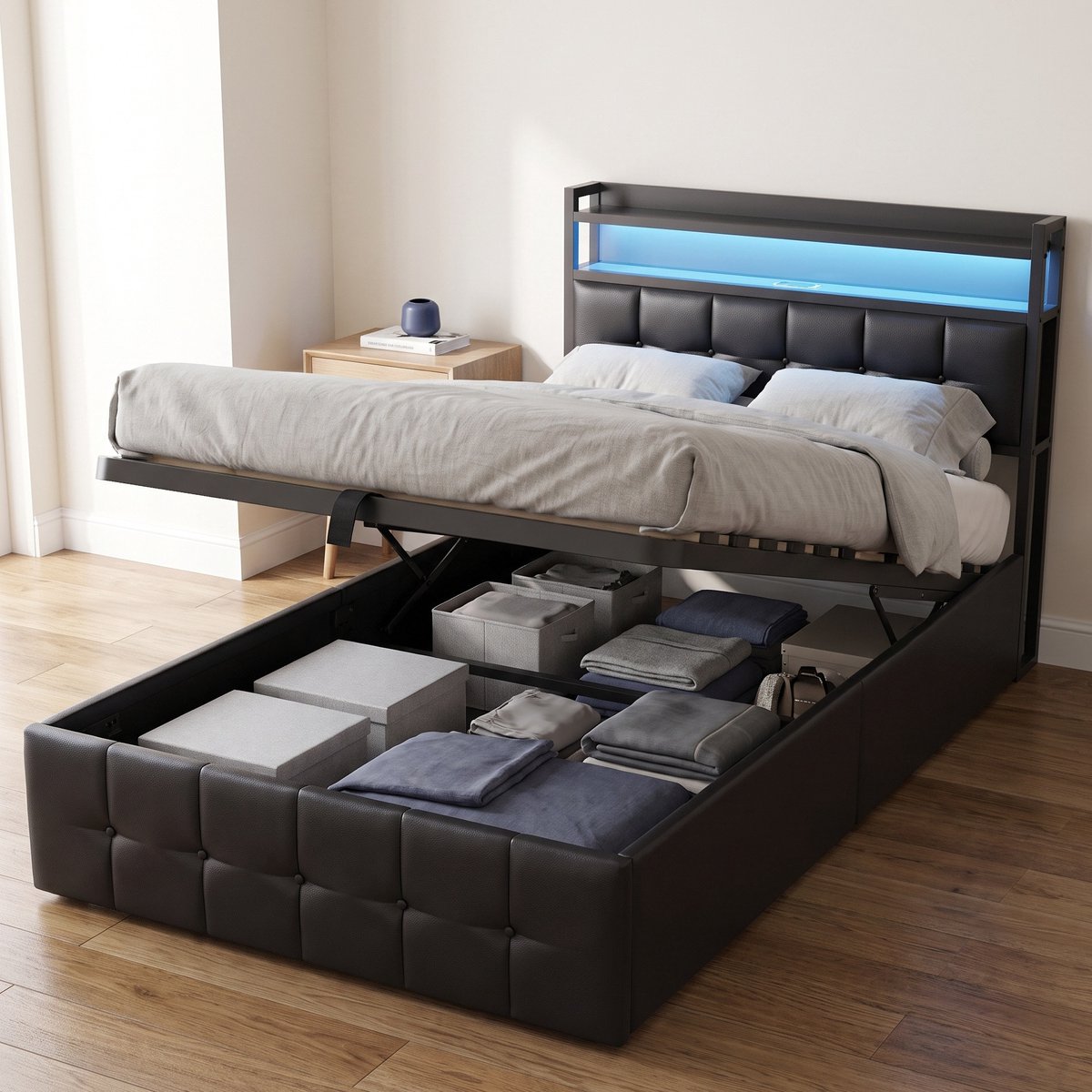 Gestoffeerd Opbergbed 90x200 cm - Eenpersoonsbed met LED en USB - Lattenbodem - Kunstleer - Modern - Zwart