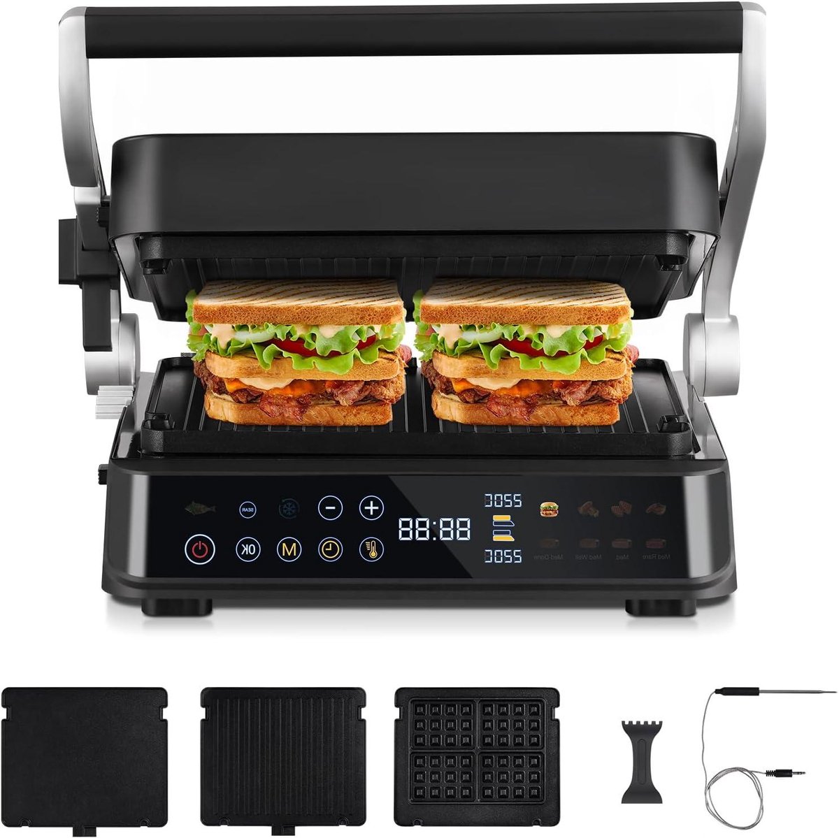 Elektrische Contactgrill - Tafelgrill Panini Maker - Veelzijdig Grillen Thuis - 6 Intelligente Programma's - 2000 Watt - Zilver Zwart