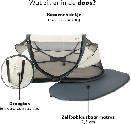 Een Deryan campingbedje met een zelfopblaasbare matras en een draagtas, met Nederlandse tekst.