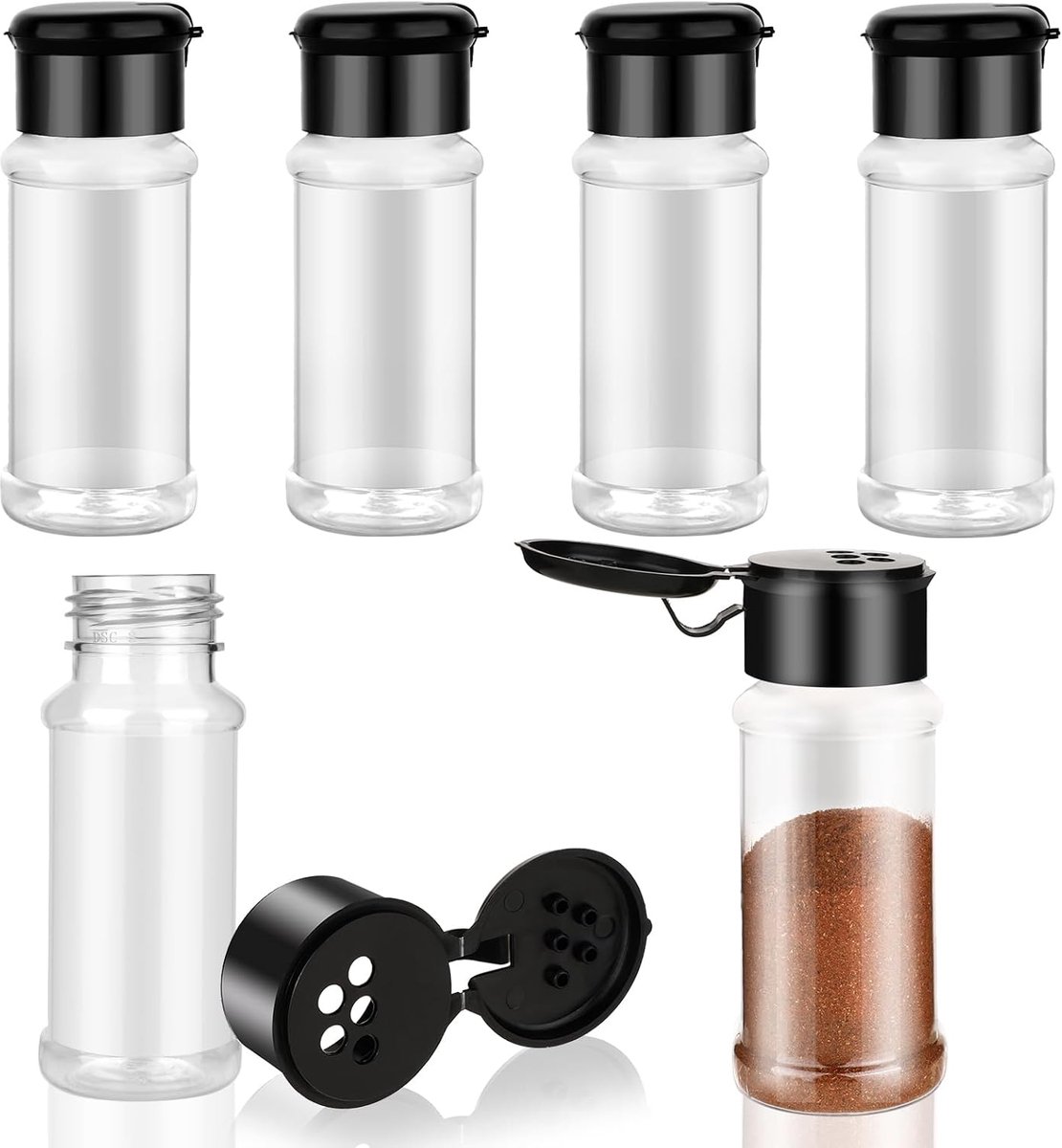 Kruidenpotjes plastic transparant 6 stuks inhoud 100ml, herbruikbare specerijen flessen met dubbel gaten deksel voor keuken barbecue en kamperen