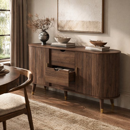 Walnoot dressoir met verticale lijnen, goudkleurige grepen, 2 deuren en 2 lades, staand op schuine poten, in een woonkamer.