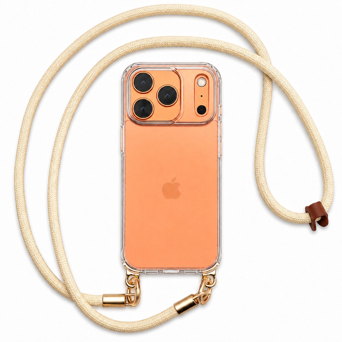 iPhone 17 Pro Max Hoesje met Luxe Telefoonkoord – Transparante Case met Crossbody Lanyard – Fashion Telefoonkoord Dames – Dubbele Gouden Bevestiging – Inclusief Adapter – Crème Wit