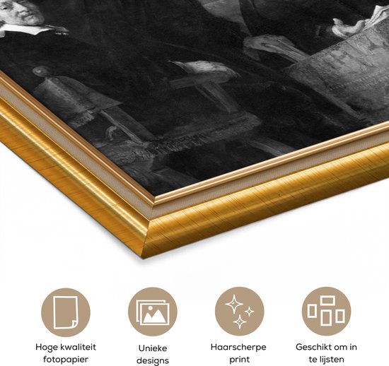 Close-up van de gouden lijst van een schilderij met tekst "Hoge kwaliteit fotopapier", "Unieke designs", "Haarscherpe print", "Geschikt om in te lijsten".