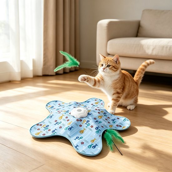 Interactief Kattenspeelgoed - Kattenspeeltjes - TENZHVXI® - Realistische Muis Geluid En Veer - Drie Slimme Speelmodi - Duurzame Padded Mat Met Usb-C Opladen - Inclusief Vervangbare Veer - Voor Binnenkatten