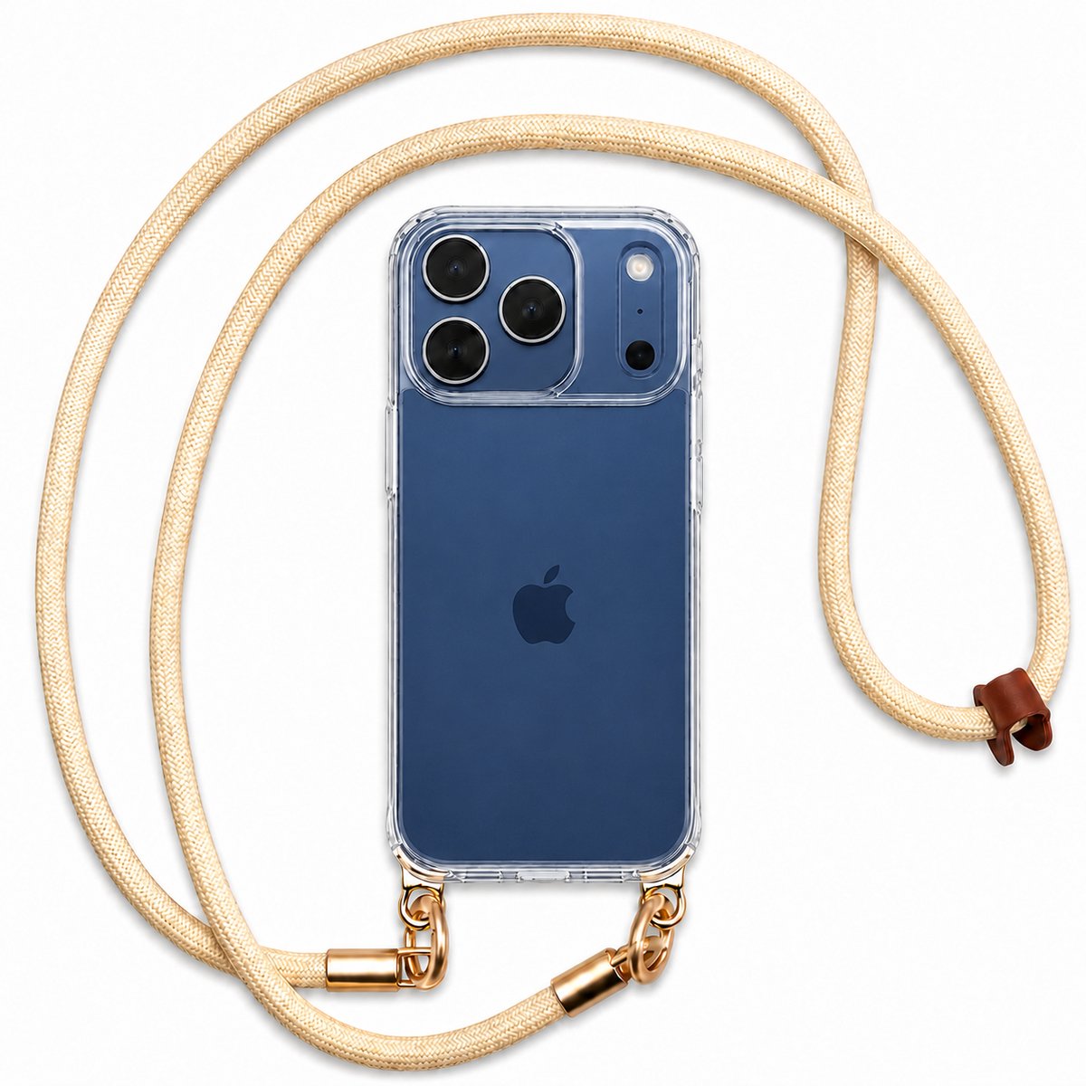 iPhone 17 Pro Hoesje met Luxe Telefoonkoord – Transparante Case met Crossbody Lanyard – Fashion Telefoonkoord Dames – Dubbele Gouden Bevestiging – Inclusief Adapter – Crème Wit