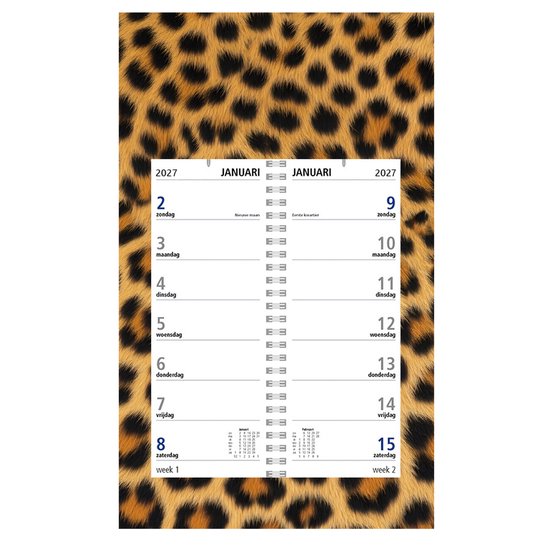 Castelli omlegweekkalender 2027 met panterprint. Twee weken per pagina, januari 2027.