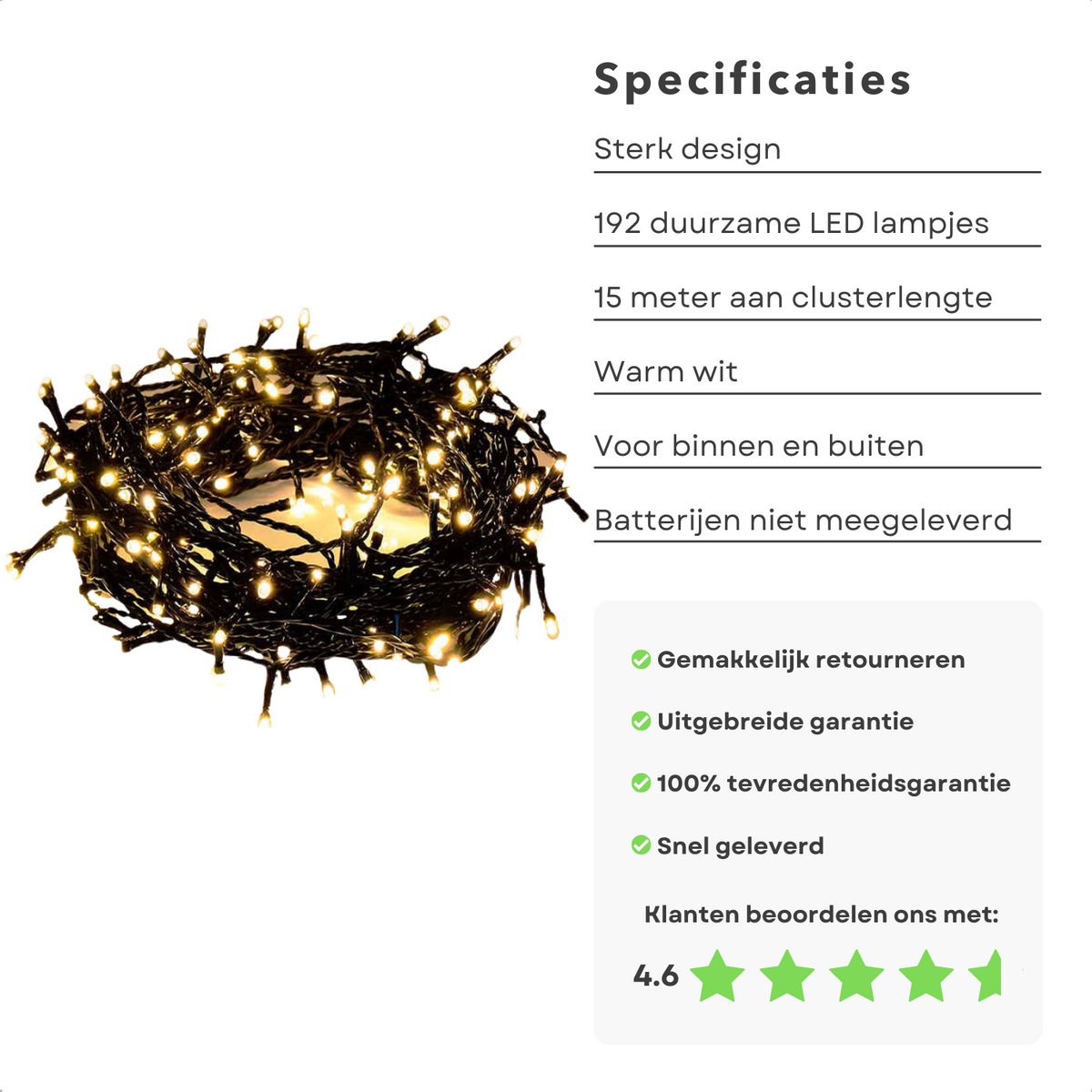 Cheqo® Kerstboomverlichting - Lichtsnoer - Kerstlampjes - Led Verlichting - Kerstverlichting voor Binnen - 192 LED - 15 Meter - Warm Wit - Op Batterijen – foto 3