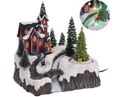 Cheqo® Kerstdorp met Kersthuisje - Kersttafereel - Kerstdecoratie - Met LED Licht - Kerk en Bewegende Kerstboom
