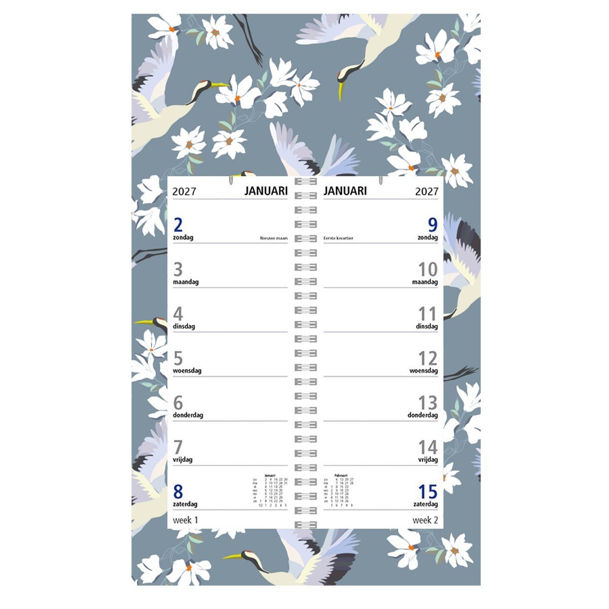 Castelli - omlegweekkalender op schild 2027 - ringband - 2 weken overzicht - formaat 20x33cm - dessin schild Kraanvogels