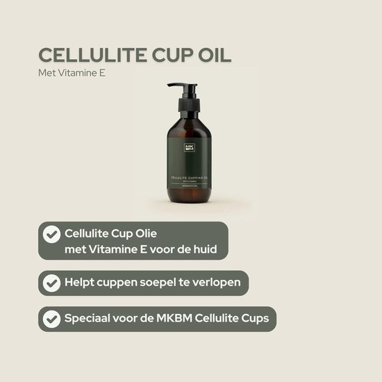 Fles 'CELLULITE CUP OIL Met Vitamine E' naast tekst over de voordelen.