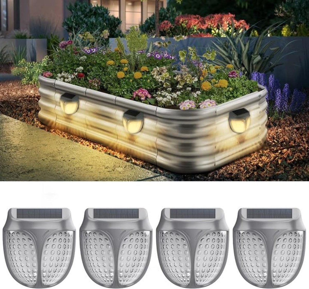 LISM-Een set van 4 IPX4 waterdichte, op zonne-energie werkende, verhoogde tuinlampen, Geschikt voor verhoogde bloempotten, die verlichting bieden van schemering tot zonsopgang.