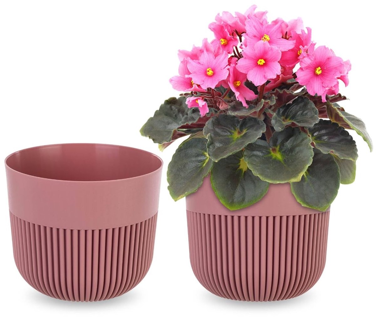 Bloempot Ø 13 cm, bloempot met geribbelde structuur voor binnen en buiten, kunststof plantenpot voor kamerplanten, roze