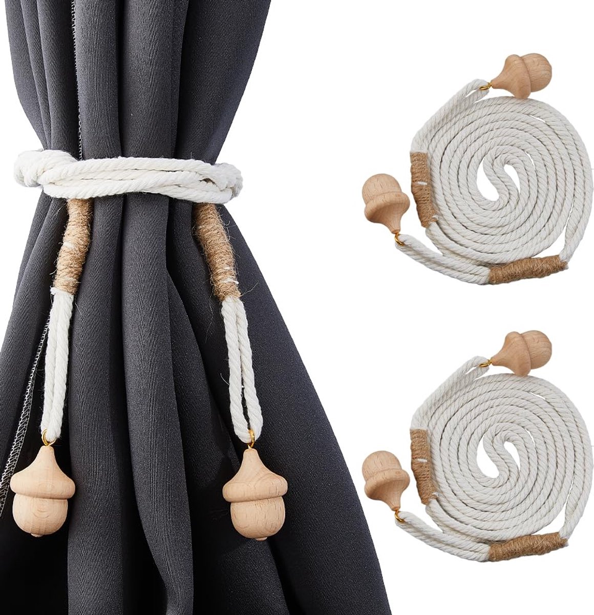 2 stuks gordijnbinders macramé katoenen koord gordijnen tiebacks clips gordijn stropdas terug haken met legering tuimelsluitingen en houten hangers voor thuiskantoor kamerdecoratie