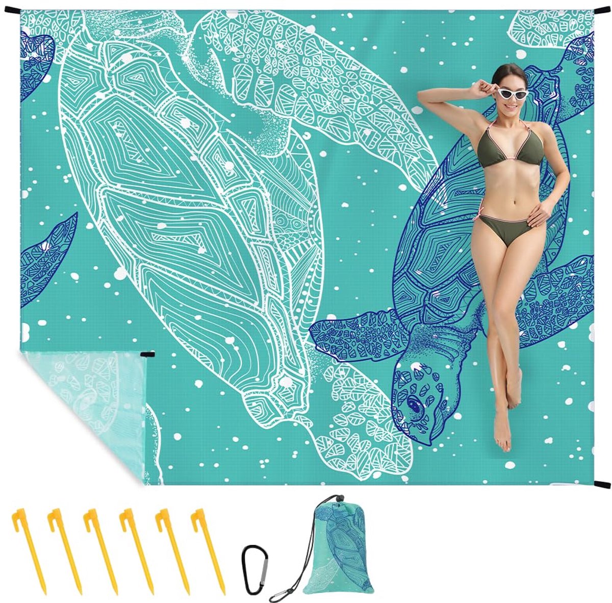 Strandmat 140 x 210 cm (2-3 personen), opvouwbaar, zand- en waterbestendig, strandaccessoires, buitendekens met 6 vaste grondpennen voor strand, camping, wandelen, picknick