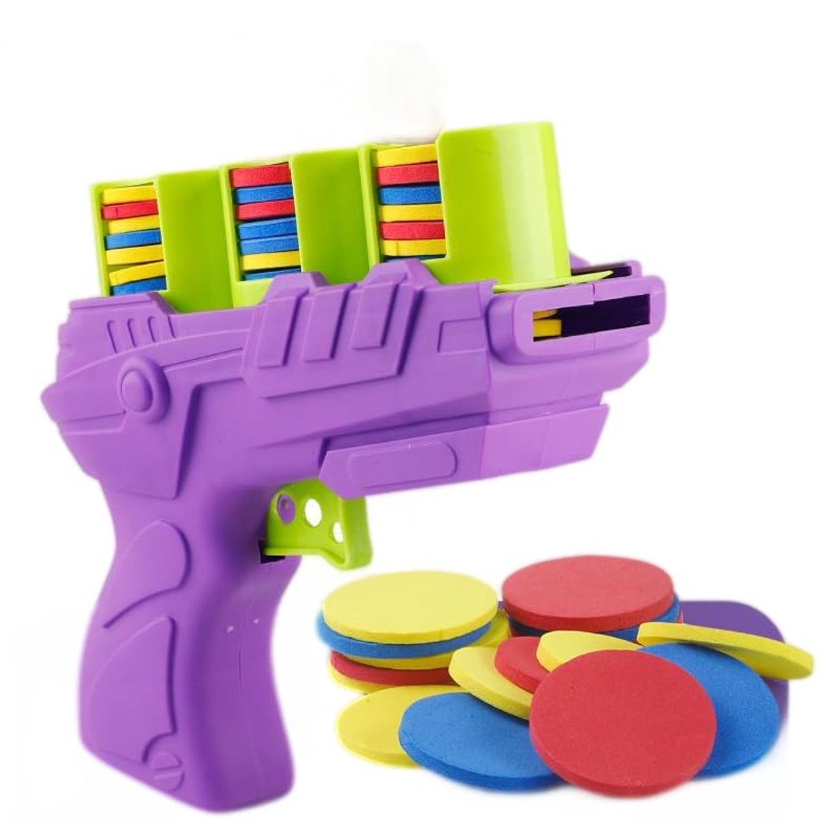 Kattenspeelgoed, interactief, zelfspelend werpspeelgoedpistool met vliegschijf en veerstaaf, stille polyester hengel met springballen, trainingsspeelgoed voor actieve katten (paars)