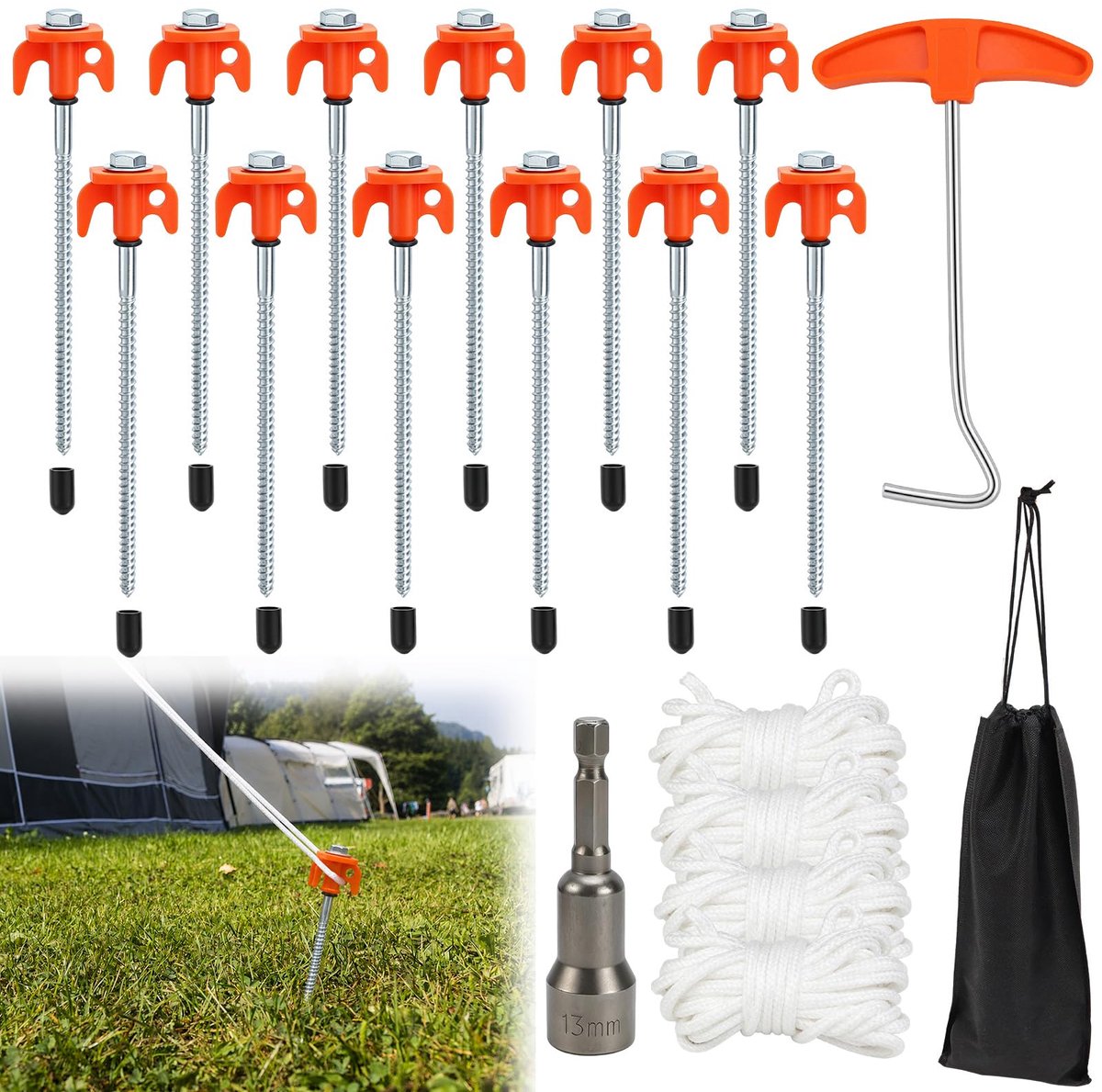 Tentharingen om te schroeven, 12 stuks, schroefharingen, camping, 20 cm, platkopschroeven, campingschroeven, haringen, schroeven met steeksleutel, trekker voor harde vloeren, zand, rotsen