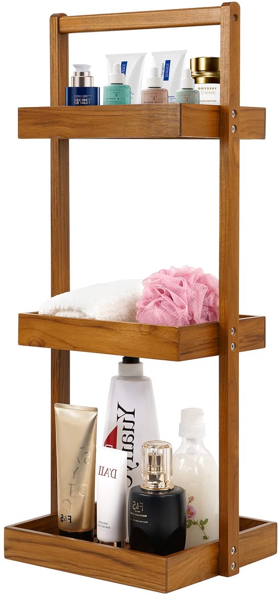 Teak Douche Caddy Plank, Staande Douche Organizer voor Badkamerhoek, Houten Vrijstaande Rekken Opslag voor Binnen Douche, Bad, Kantoor, Staand 3 Tier Keuken Desktop Organisatie