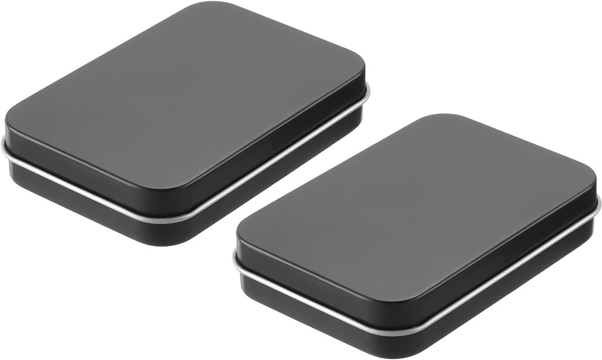 Metalen opbergdoos, 2 stuks, 8 x 6 x 1 cm, zwart, kit opbergdoos, draagbaar, mini-box, rechthoekig, metaal met scharnier, deksel voor opslag thuis