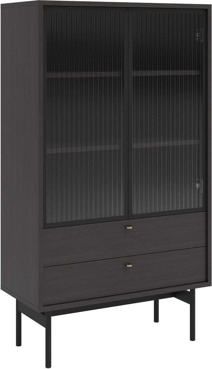 Selsey Olar II – Vitrinekast met 2 planken en 2 lades, zwart Portland essen, 85 cm