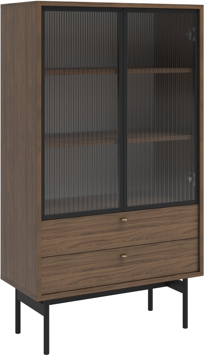 Selsey Olar II – Vitrinekast met 2 planken en 2 lades, Carini walnoot, 85 cm