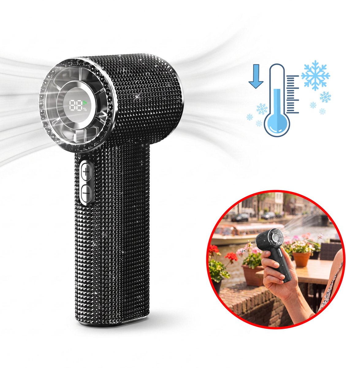 Best Active Mini Handventilator - Oplaadbare Kleine Ventilator - 199 Windstanden - Draagbare Handventilator met Digitaal Display - 1200 mAh - Voor Thuis, Kantoor & Onderweg - Zwart Glitter