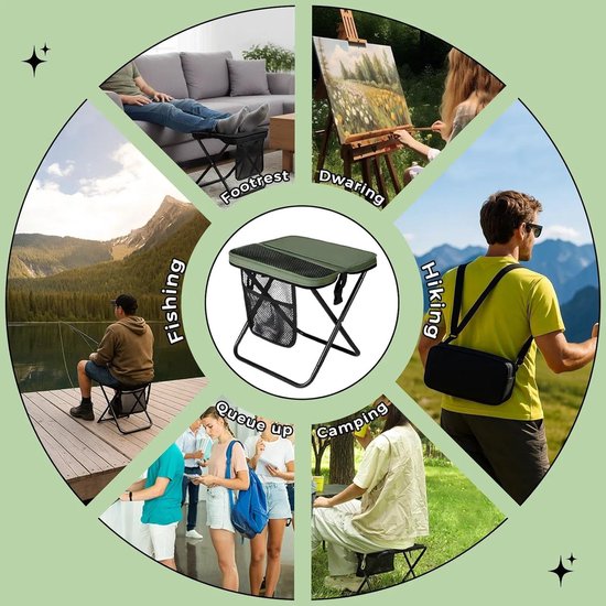 Draagbare Opvouwbare Kruk - 12 Inch Hoog - Inklapbaar Met Opbergzak - Handenvrij Dragen - Draagvermogen 300 Lbs - Ultralicht - Voor Wandelen, Vissen, Kamperen En Festivals - Groen — afbeelding 2