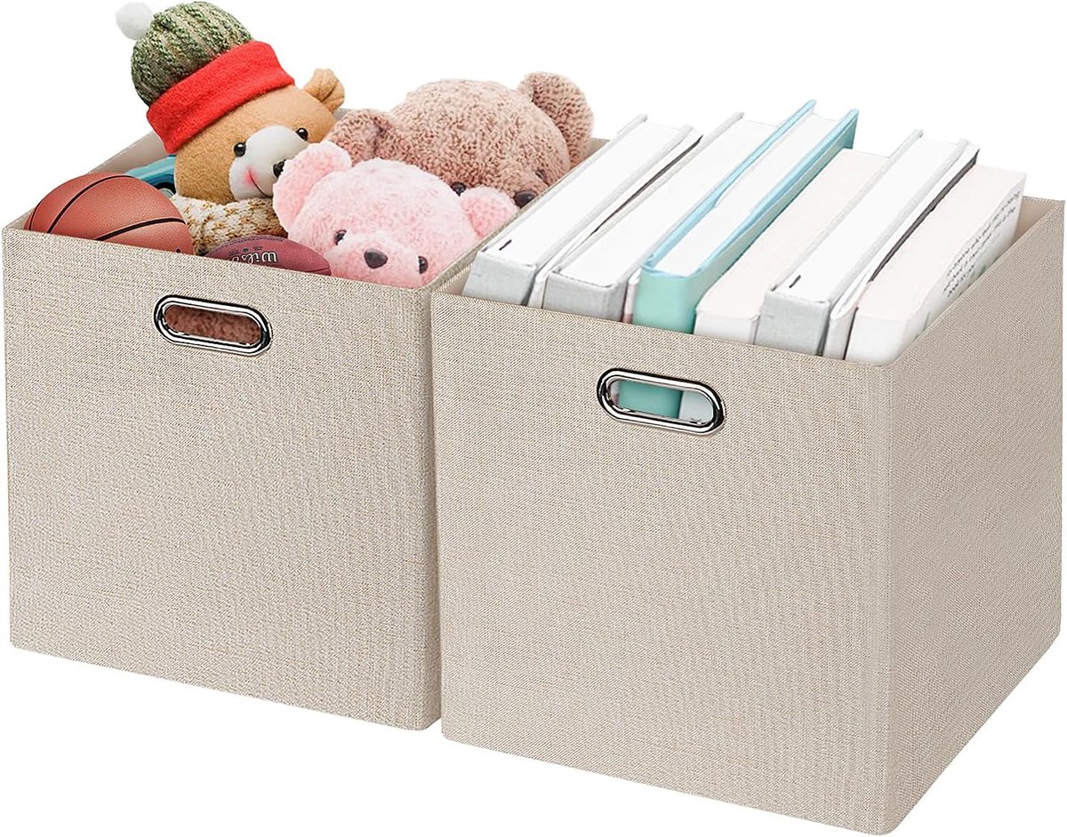 Opbergbakken, 33 x 33 cm, opbergkubussen, korven, bakken voor boekenkast, plank, dikke stoffen laden, set van 2, beige