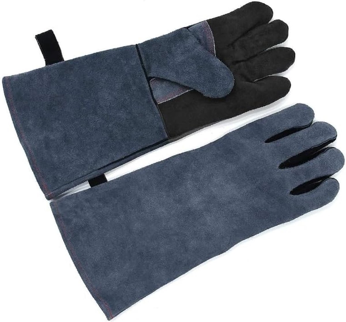 Handschoenen van leer, hittebestendig en moeilijk ontvlambaar, hittebestendige ovenhandschoenen voor BBQ, barbecue, lassen, oven, open haard, oven en keuken, 40 x 20 cm, grijs