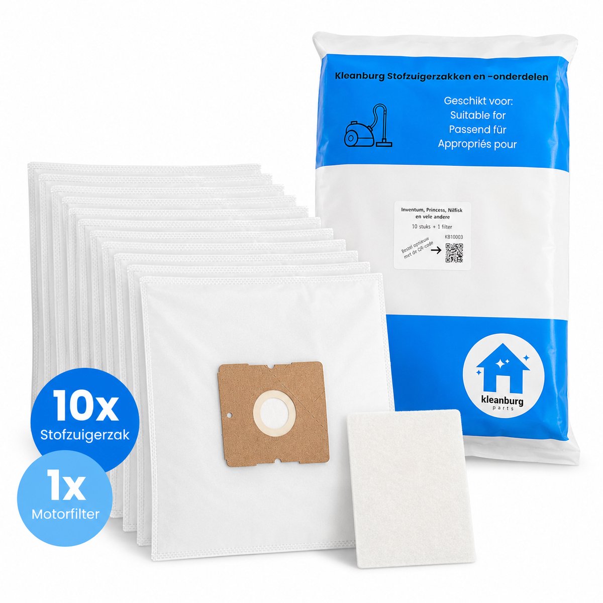 Kleanburg stofzuigerzakken geschikt voor Nilfisk Coupe en Nilfisk One | 10 stuks + motorfilter | Microfiber stofzakken