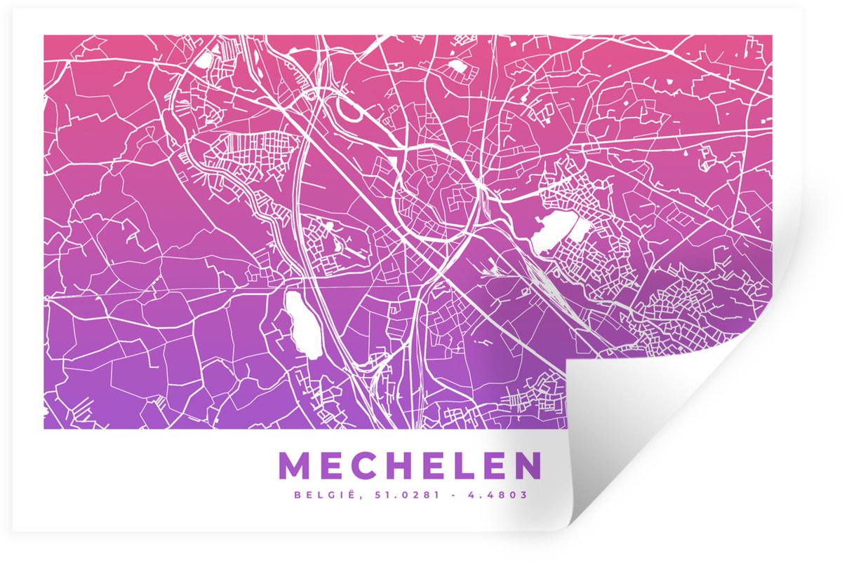 Muurstickers - Sticker Folie - Stadskaart - Mechelen - België - Paars - 90x60 cm - Plakfol
