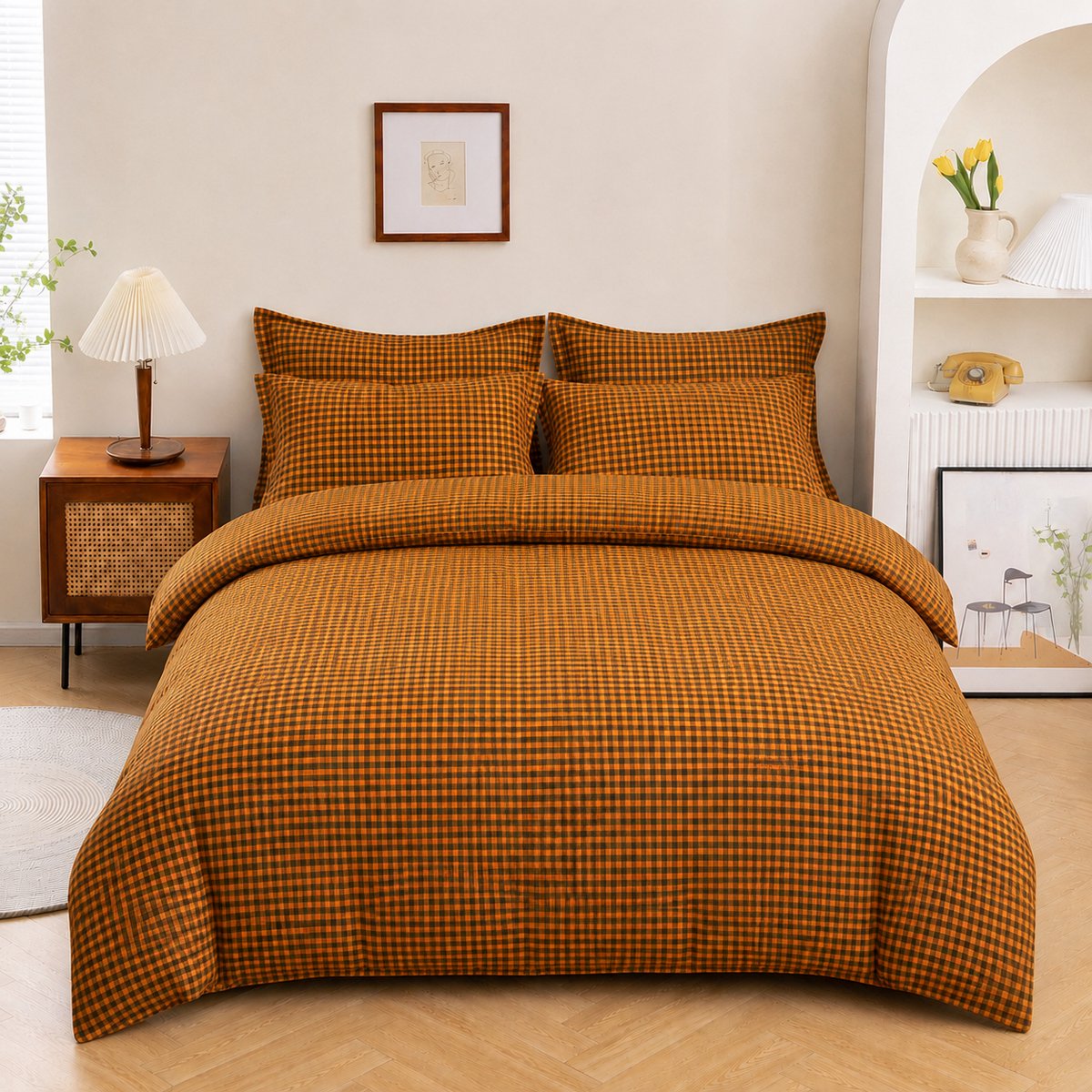 MeiLun Home Soft Living Beddengoedset 3-delig – 90 x 200 cm Hoeslaken – Caramel Check – 100% Gewassen Katoen – incl. Dekbedovertrek, Hoeslaken, 1 Kussensloop + Gratis Hoofdkussen