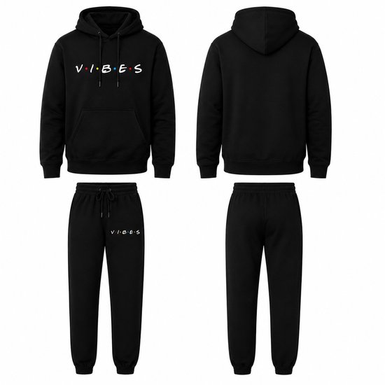 Zwarte hoodie en joggingbroek met 'VIBES' print, voor- en achterkant.