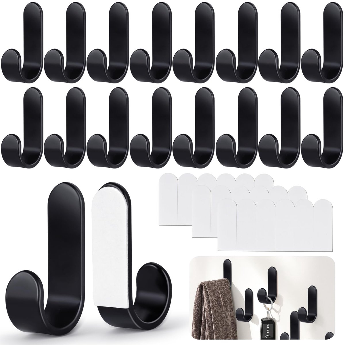 18 Stuks J-Vormige Sterke Zelfklevende Haken, 5,8 Cm Lange J-Vormige Zelfklevende Haken Extra Sterk, Eenvoudig Te Installeren J Muurhaken Zelfklevend, Voor Algemene Badkamer En Keuken (Zwart)