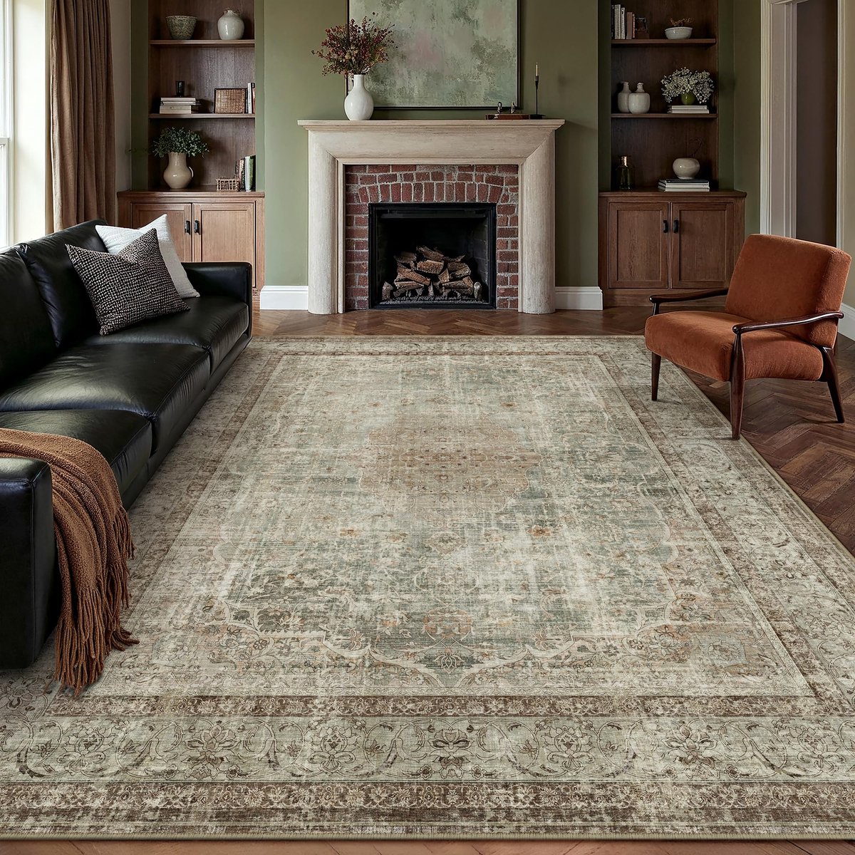 Vloerkleed voor woonkamer, 200 x 300 cm, wasbaar, vintage bruin, woonkamertapijt, laagpolig, antislip, zacht, groot, retro tapijt voor slaapkamer, eetkamer, slaapkamer, kantoor, woonkamer