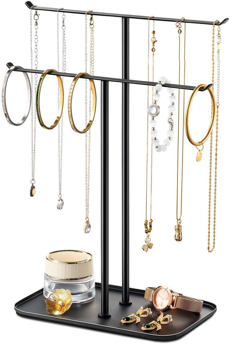 Dailygoods- Sieradenstandaard Stijlvol Metalen Frame - Sieradenhouder - 2-laags T-bar - Geïntegreerde Lade - Voor Kettingen/Armbanden - Schokbestendig en Stabiel