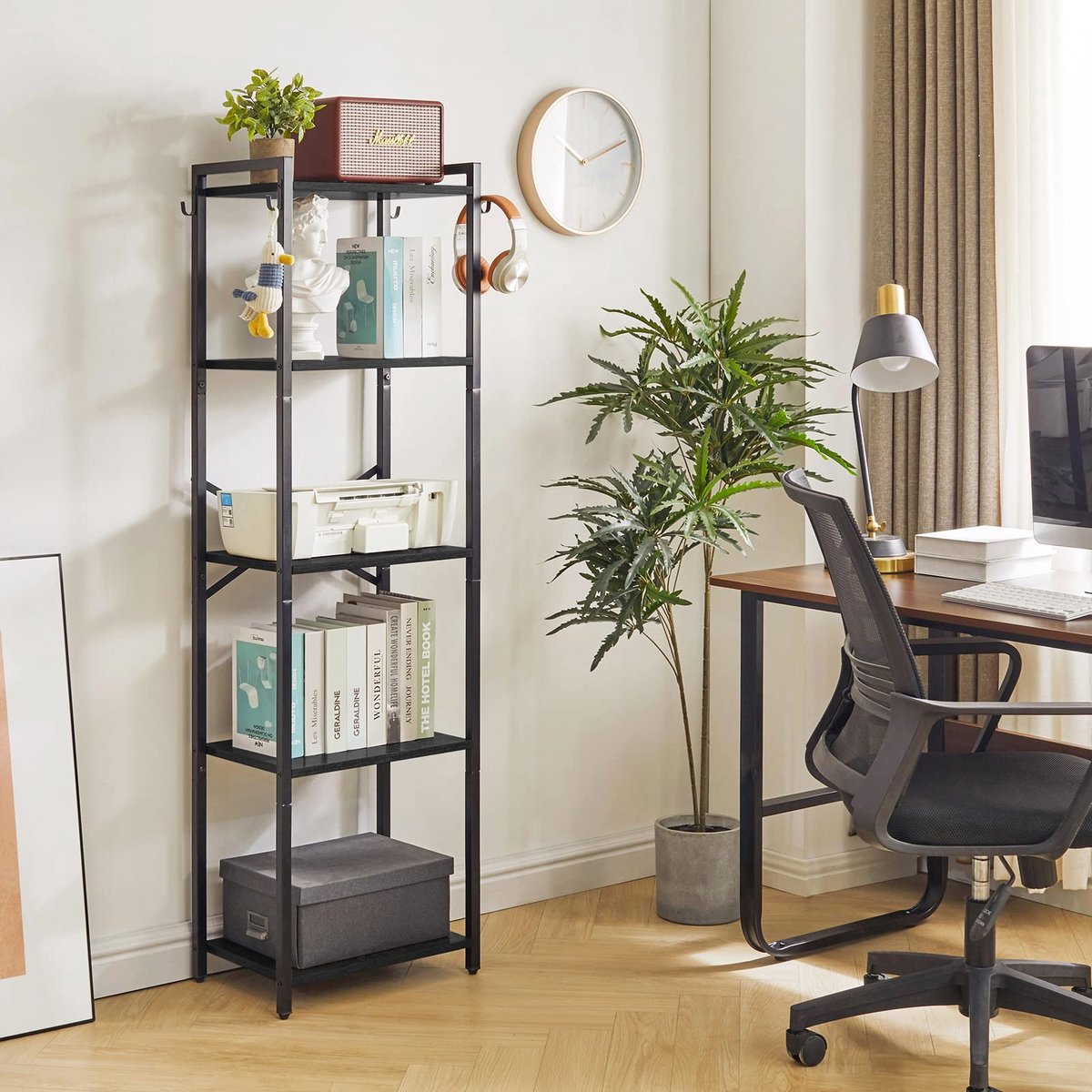 Opbergrek, plantenrek, opbergrek met stalen frame, voor woonkamer, kantoor, studeerkamer, hal, industriële stijl, zwart HBC005B